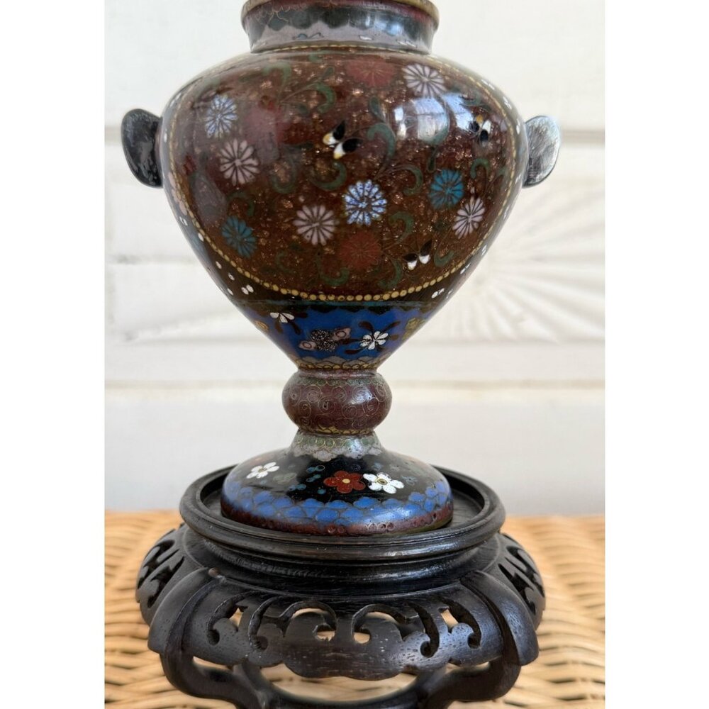 Antique Meiji 1910s Japanese Goldstone Cloisonne' Urn/ Stand Butterfly flower 7" - Picture 13 of 16